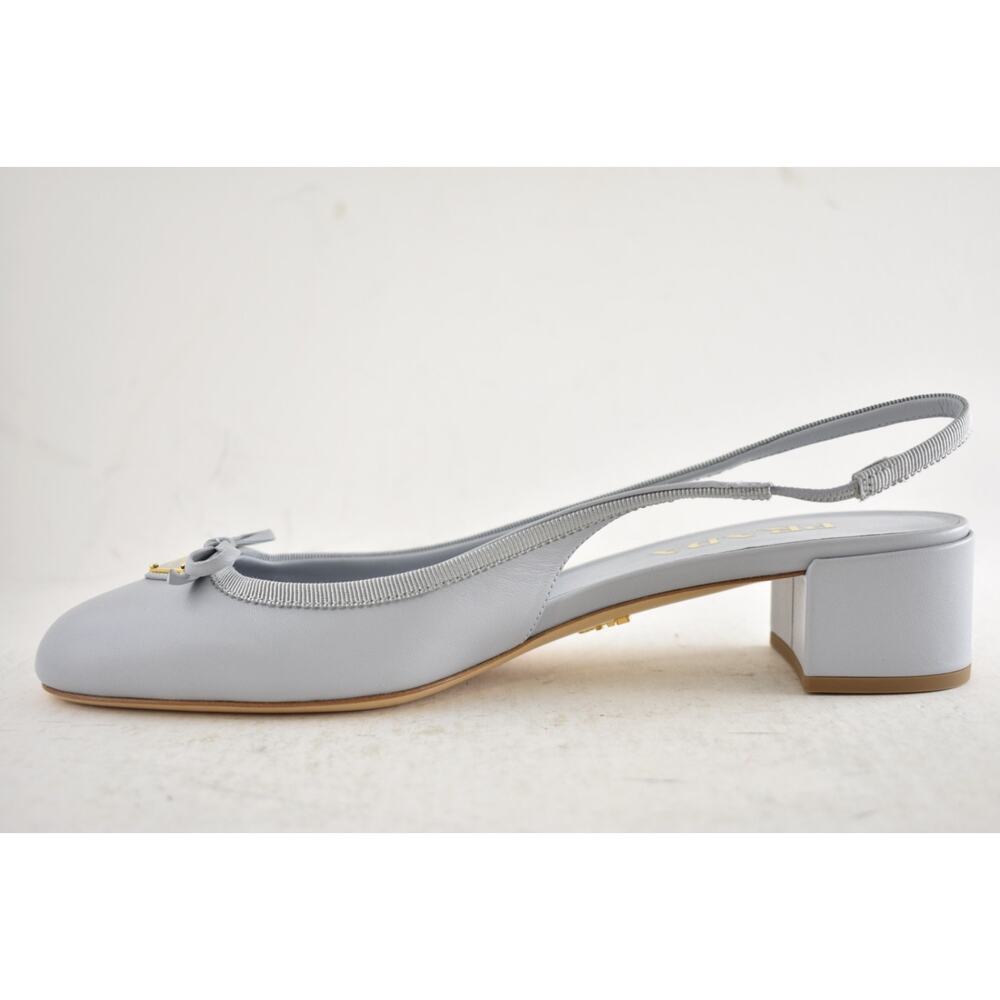 Prada Grey Blue Triangle Logo Bow Ballerina Mule Block Heel Slingback Pump 39.5 - Picture 12 of 15